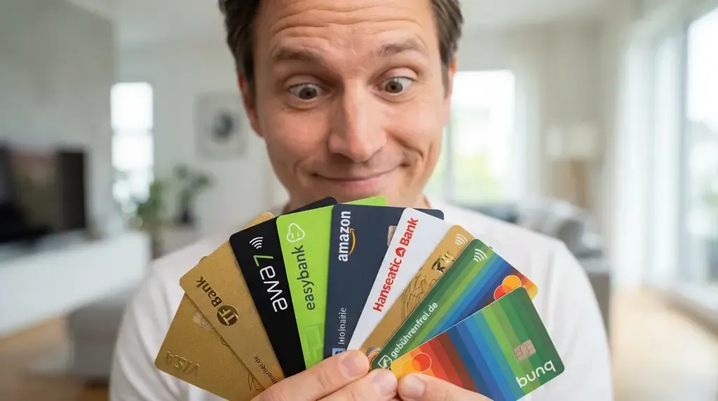 Mehrere Kreditkarten verschiedener Anbieter nebeneinander, im Vordergrund die awa7® Visa als Vergleichssieger